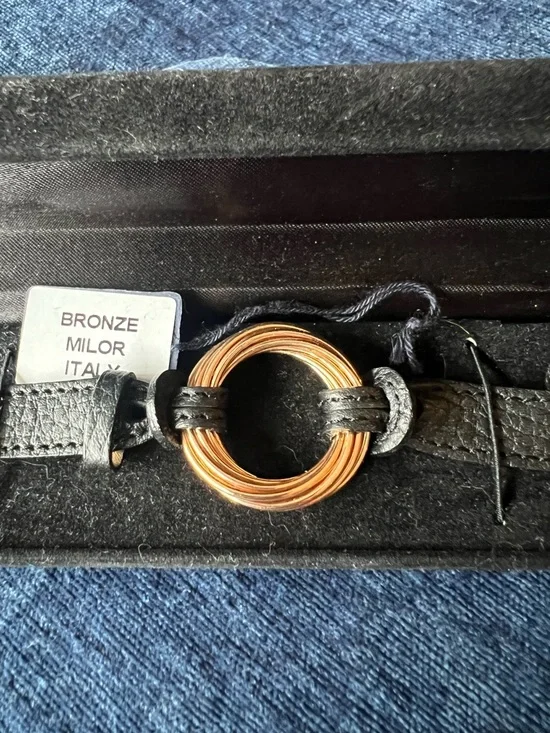 Milor Italy Bronze Leather Bracelet Black Strap Gold Tone Ring New in Box - Picture 4 of 16